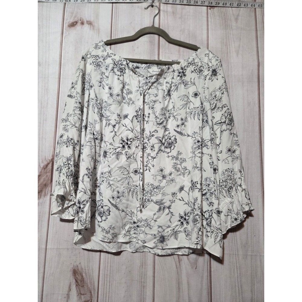 CJ Banks Womens White Black Floral Peasant Blouse Tie Neck Ruffle Sleeve Size 1X